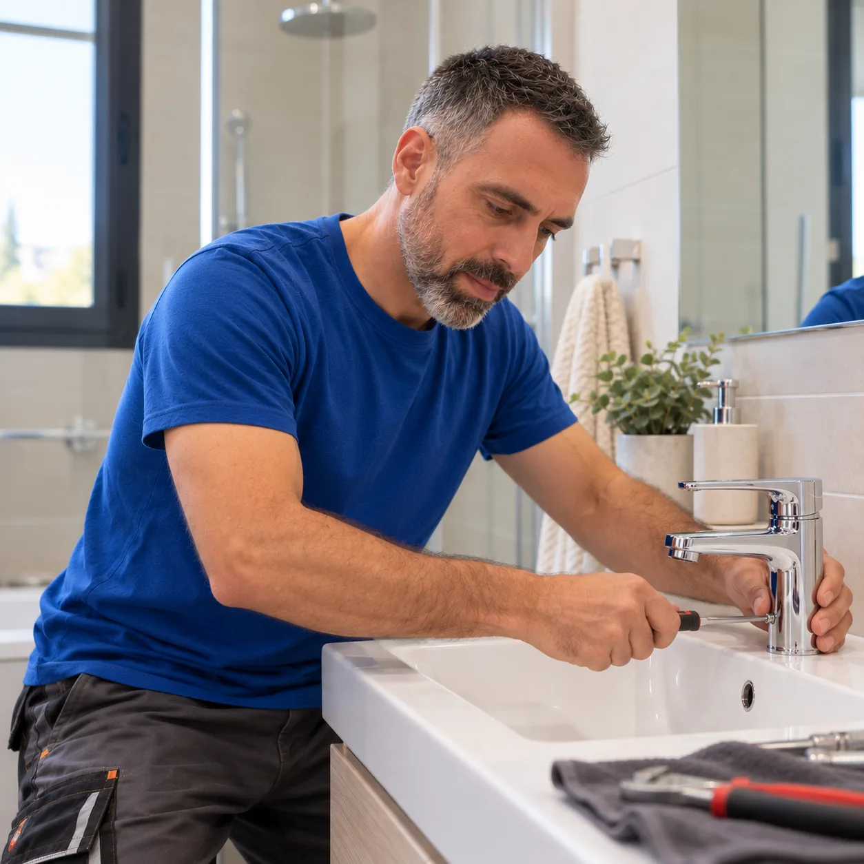 Jonatán Pallarés instalando un grifo monomando en un baño